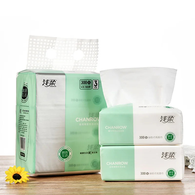 3 Packs 300pcs/pack Toilet Paper 4 Layers Thickened Wettable Facial Tissue